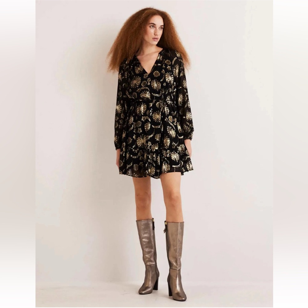 NEW Boden Firework Jacquard Party Black Gold Metallic Sheer Tiered Dress Size 14